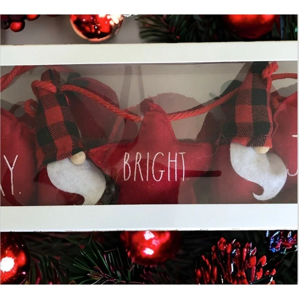 Rae Dunn Christmas Merry Bright Joyful Gnomes Mantle Garland Red Plaid 72